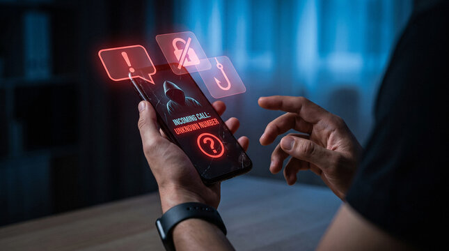 Person receiving a scam call on a mobile phone at night
