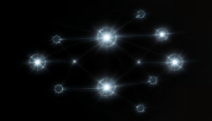 Fototapeta premium A collection of bright white starbursts with lines radiating from them against a solid black background in space