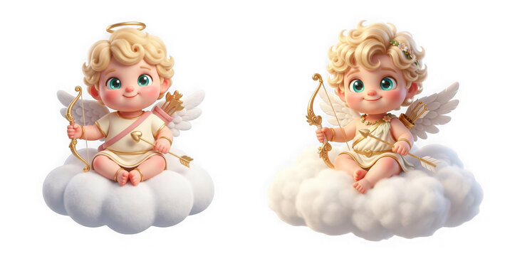 Cute cupid baby angel with bow and arrow sitting on a fluffy cloud isolated on transparent background
