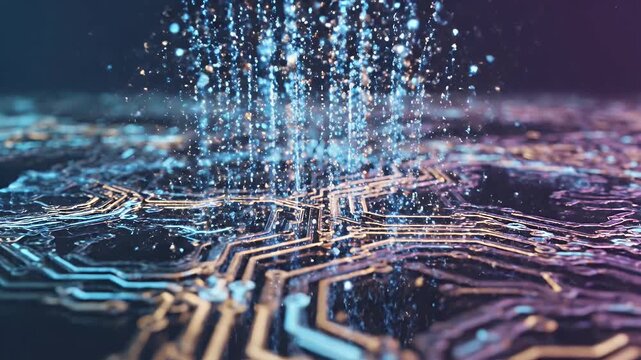 Abstract digital circuit board illuminated with neon lights.