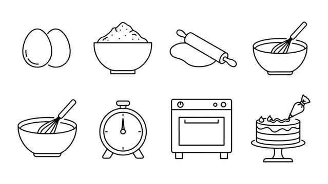 Baking icons including eggs rolling pin cake and mixing bowls