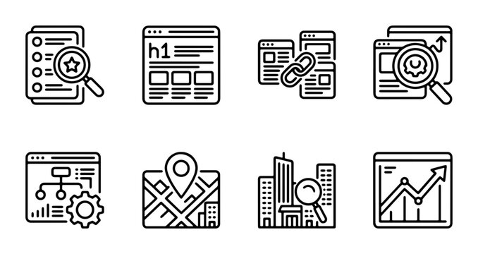 SEO Icons Set: Search Engine Optimization, Website Analysis, Local SEO, Content Strategy, Analytics