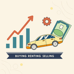 Fototapeta premium Car sales market. Poster with automobile on growth arrow pointing up. Rising cost of vehicles. Banner with car for buying, renting or selling. Design element for website. Flat vector .