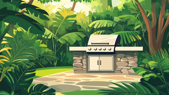Outdoor stone barbecue grill with lush jungle foliage background