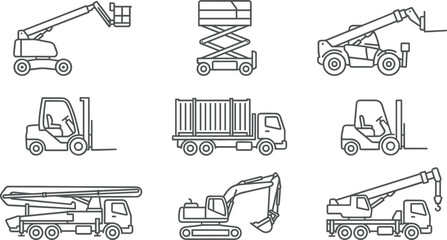 Heavy Construction Machinery and Industrial Lift Vehicle Outline Icon Set with Forklift Crane Excavator and Cargo Truck Vectors © Alexy!