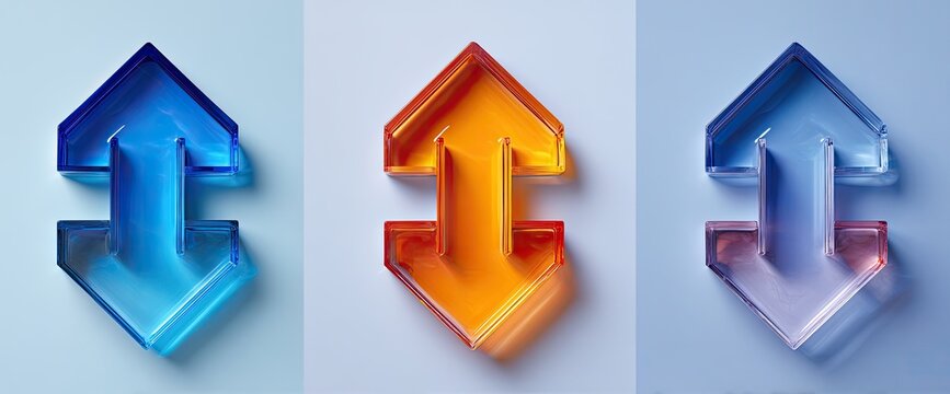 Three translucent arrows pointing up and down in different colors.
