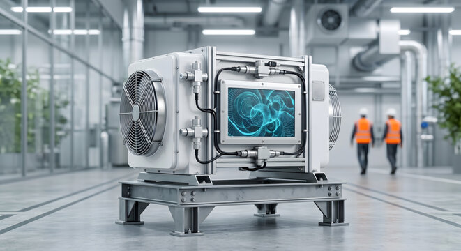 Industrial air handling unit for climate control, with engineers in cleanroom environment background.