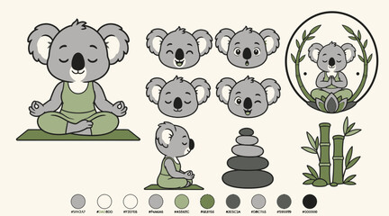 Cute Koala Bears Meditating in Zen Pose with Nature Elements. © Adi