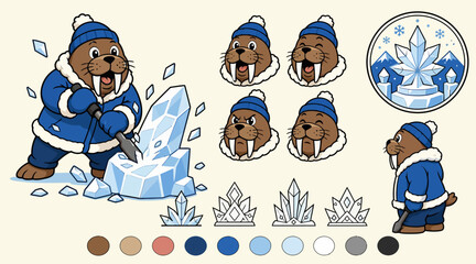 Cartoon Walrus Character in Winter Clothing Carving Ice. © Adi
