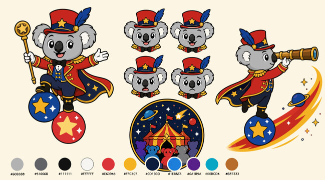Colorful Koala Characters in Circus and Space Themes.