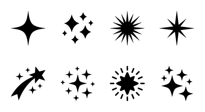 Sparkle Starburst Icons, Glittering Shimmering Shapes, Festive Celebration Elements, Black Vector Graphics Set