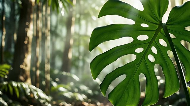 A large green monstera leaf with holes is illuminated by sunlight filtering through a misty forest.
