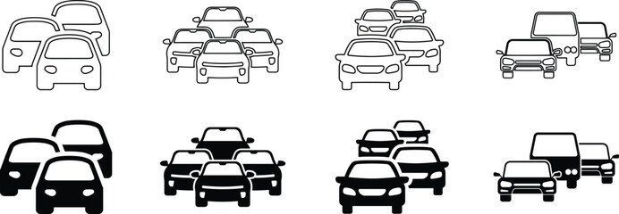 Set of car group icons, different arrangements of multiple vehicles in outline and silhouette style. © Ripon Sojib