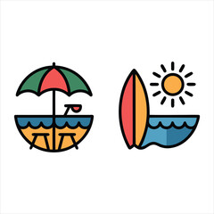 Fototapeta premium A colorful beach scene with umbrella and surfboard isolated on white background