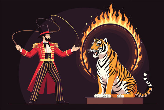 Circus ringmaster directs a majestic tiger jumping through a flaming hoop during a spectacular performance under the big top.