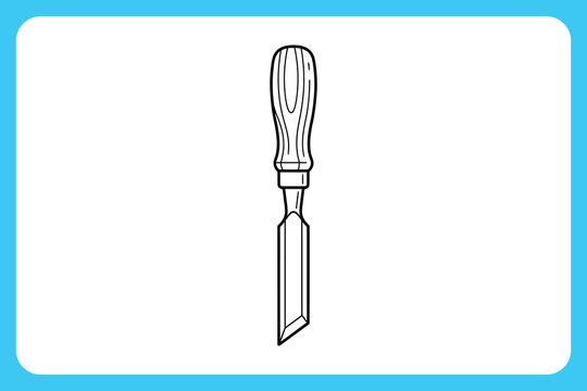 Line drawing of a flat chisel with wooden handle and blue border on white