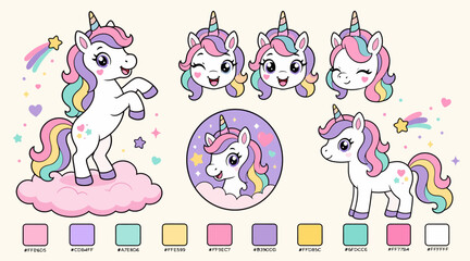 Colorful cartoon unicorns with rainbow manes and tails. © Gakih