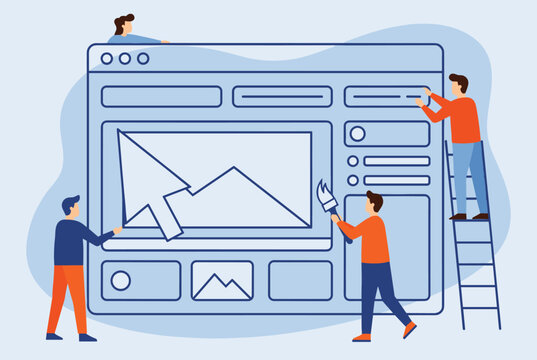 Creative web development team collaborating to design and build a responsive user interface on a large digital screen.