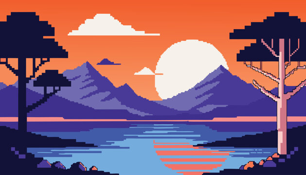 Pixel art sunset over tranquil lake with mountains and silhouetted trees in warm orange sky