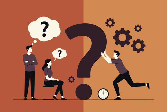 Creative young team solving a complex business problem near a giant question mark with gears representing their thinking.