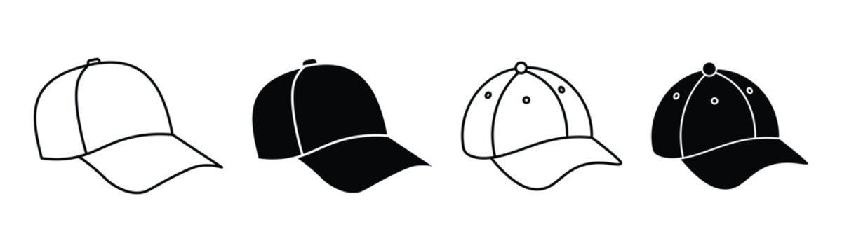Cap icons collection in black and outline. casual headwear and sports fashion sun protection hats vector design. Baseball cap hat icon set.