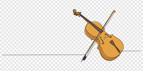 A minimalist continuous line drawing of a classic violin and bow on a clean white background. Vector, illustration, Violin and bow resting on continuous line white background, Violin single line art. © Gerish