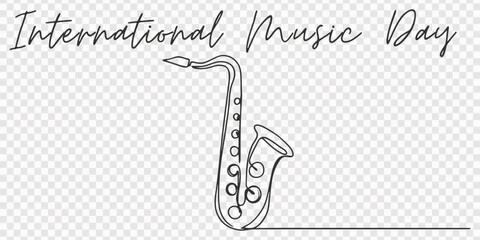 Minimalist Saxophone One Line Art Continuous Jazz Instrument Vector Illustration, transparent background, World Music Day.saxophone, sax, continuous one line art hand drawing sketch, logo music pro. © Gerish