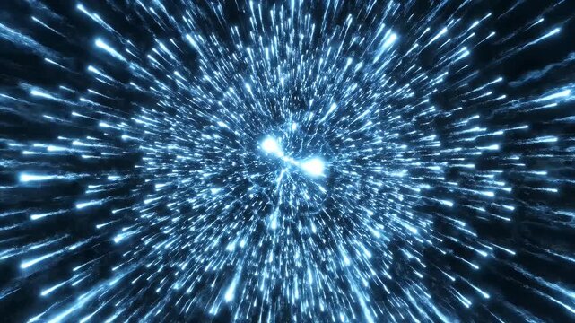 Blue energetic particles exploding outwards on a black background
