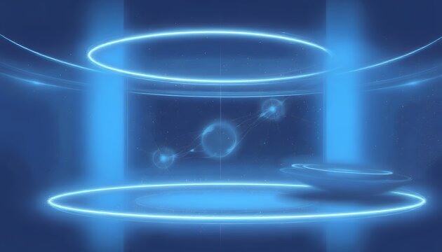 A futuristic digital illustration featuring glowing blue neon rings and floating orbs in a dark space with vertical light beams creating a high-tech atmosphere