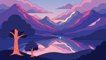 Fototapeten Violett Serene Mountain Lake Reflection During Sunset With Trees Vector Illustration  © CreativeKamrul