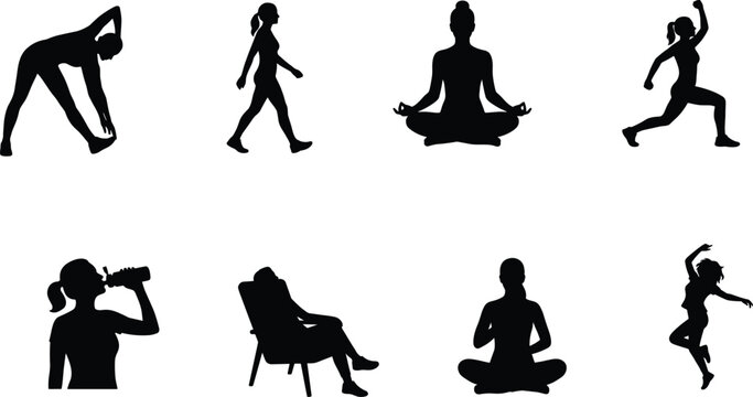 Healthy Lifestyle Women Silhouette Collection with Yoga Exercise Walking Hydration and Wellness Activities Set