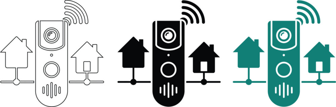 Smart home video doorbell icon set with wireless house security symbols in outline, black, and teal styles for camera alarm, intercom, automation, and app interface design.