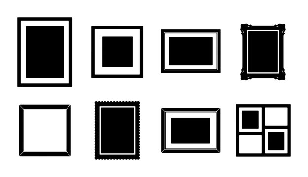 Set of 8 Black Photo Frames, Diverse Styles, Vector Graphics for Displaying Images, Gallery Wall Elements, Modern and Ornate Borders