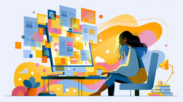 A vibrant digital illustration showing a person working at a desk with a large computer monitor, surrounded by colorful design assets in a warm-toned room.