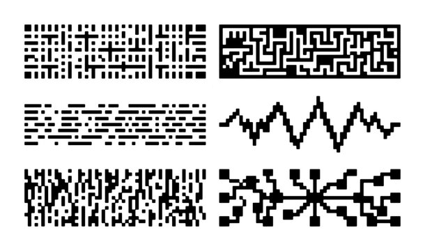 Abstract Digital Patterns, Geometric Tech Borders, Pixel Art Lines, Circuitry Graphics, Data Flow Elements, Binary Code Textures, Futuristic Design Elements