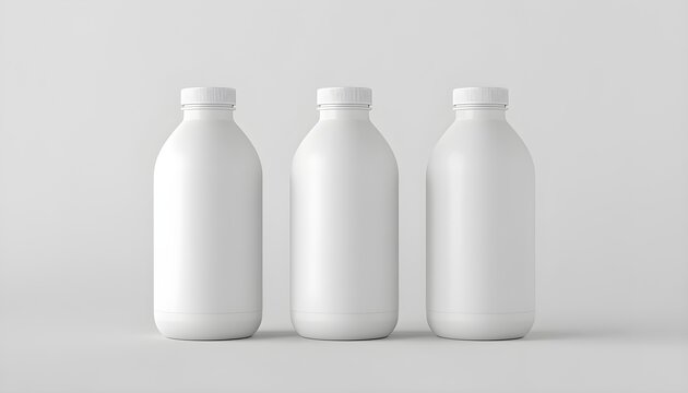 Three white plastic bottles with screw on caps standing upright on a light gray surface and background