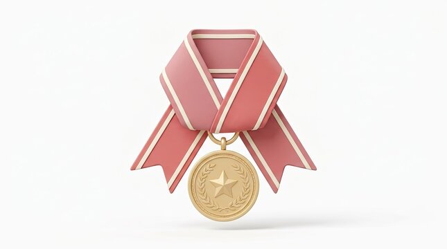 Gold medal with pink ribbon and star on white background