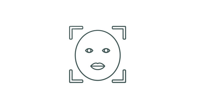 A smiling face icon framed by dotted lines suggests a camera or photo capture concept with a cheerful expression.