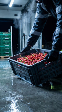 Strawberry crate handoff at night cold chain dock featuring wet reflections