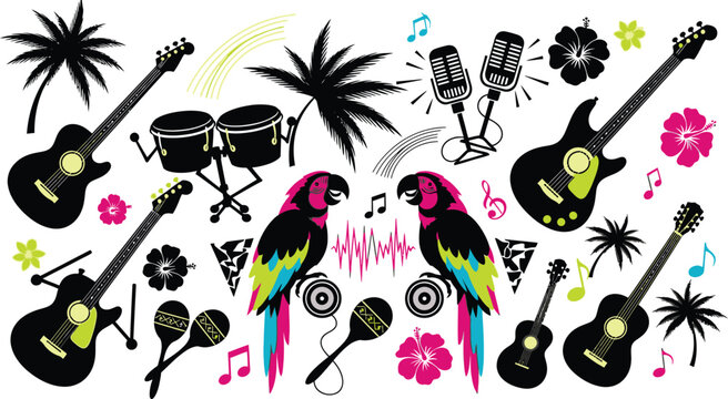 Colorful parrots with guitars and musical instruments isolated on transparent background, isolated on white background, Vector, illustration