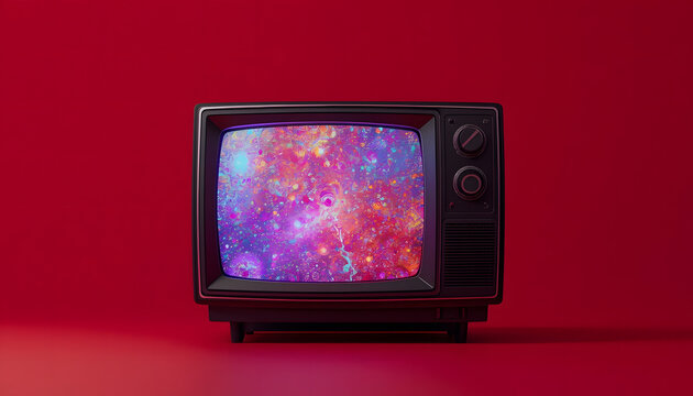 Old tv with colorful static screen on red background