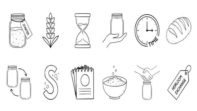 Sourdough bread making process illustrations with starter jar and ingredients