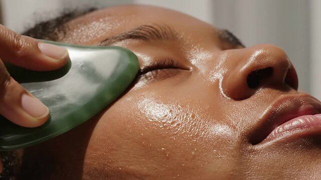 Macro Shot Of A Green Jade Gua Sha Tool Gliding Along A High Cheekbone In A Skincare Routine With Glowing Skin And Soft Lighting