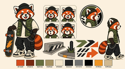 Fototapeta premium Cute Red Panda Character Design with Accessories and Color Palette.