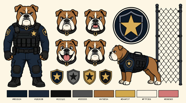 Cartoon Police Bulldog Character and Badge Designs.