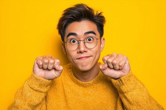 Playful young man posing on yellow background