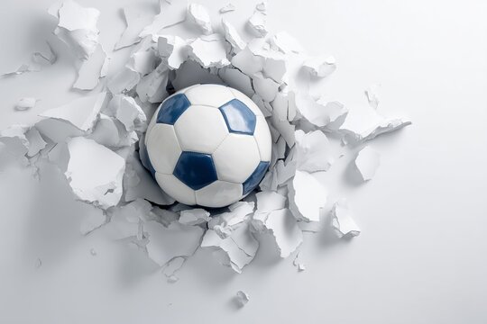 Soccer ball breaking through white wall