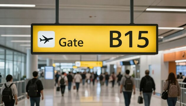 Airport terminal with yellow gate B15 sign and travelers walking