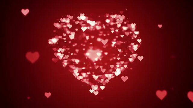 A shimmering heart formed by many small, glowing hearts against a deep red background.