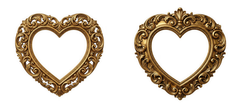Two ornate vintage gold heartshaped picture frames isolated on transparent background